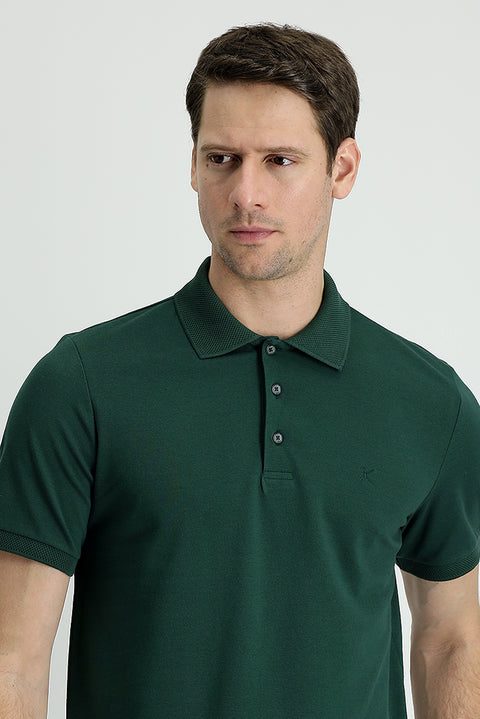 Koyu Yeşil Polo Yaka Slim Fit Dar Kesim Nakışlı Pamuk Tişört