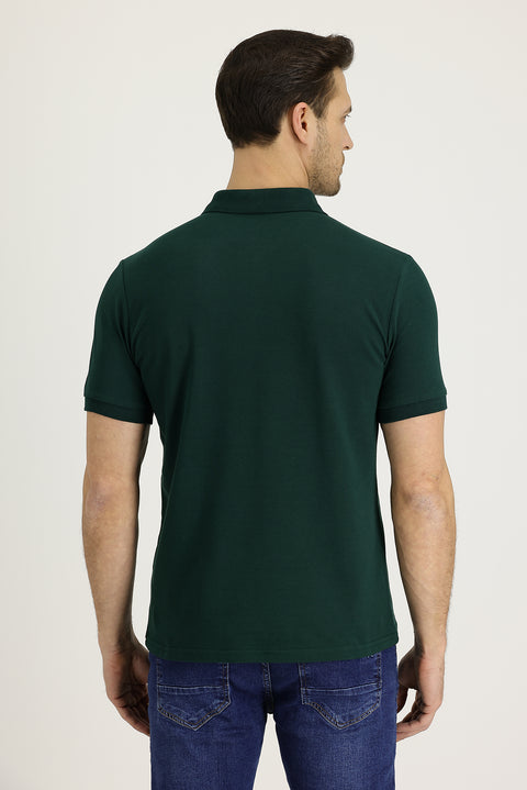 Koyu Yeşil Polo Yaka Slim Fit Dar Kesim Nakışlı Pamuk Tişört