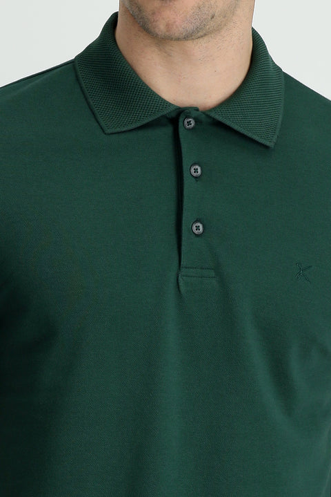 Koyu Yeşil Polo Yaka Slim Fit Dar Kesim Nakışlı Pamuk Tişört