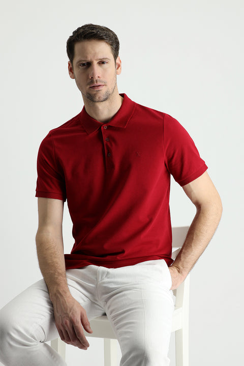 Koyu Kırmızı Polo Yaka Slim Fit Dar Kesim Nakışlı Pamuk Tişört