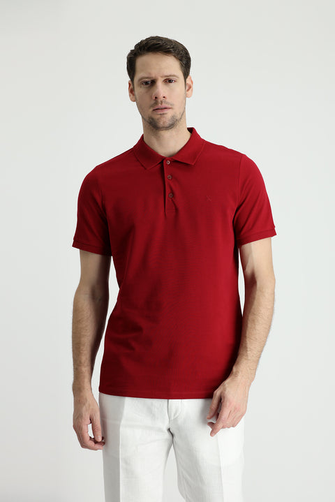 Koyu Kırmızı Polo Yaka Slim Fit Dar Kesim Nakışlı Pamuk Tişört