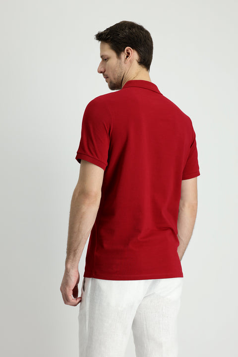 Koyu Kırmızı Polo Yaka Slim Fit Dar Kesim Nakışlı Pamuk Tişört