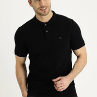 Siyah Polo Yaka Slim Fit Dar Kesim Nakışlı Pamuk Tişört