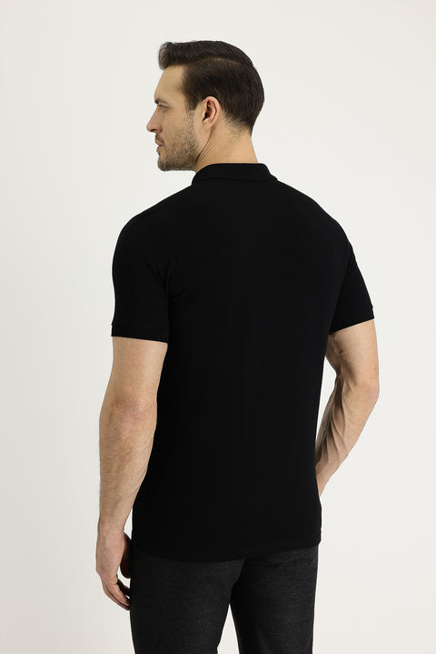 Siyah Polo Yaka Slim Fit Dar Kesim Nakışlı Pamuk Tişört