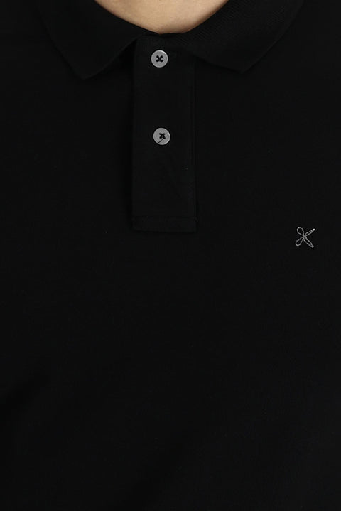 Siyah Polo Yaka Slim Fit Dar Kesim Nakışlı Pamuk Tişört