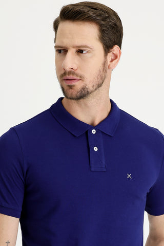  Orta Lacivert Polo Yaka Slim Fit Dar Kesim Nakışlı Pamuk Tişört