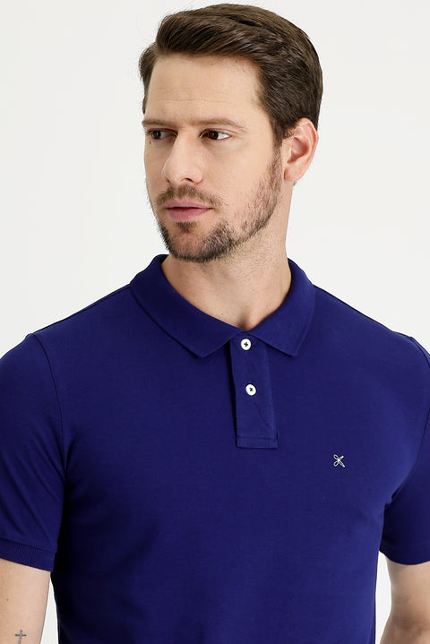 Orta Lacivert Polo Yaka Slim Fit Dar Kesim Nakışlı Pamuk Tişört