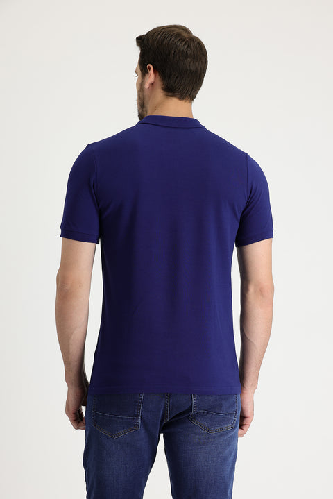 Orta Lacivert Polo Yaka Slim Fit Dar Kesim Nakışlı Pamuk Tişört
