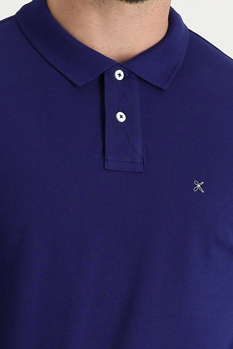 Orta Lacivert Polo Yaka Slim Fit Dar Kesim Nakışlı Pamuk Tişört