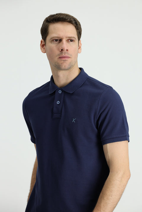 Koyu Lacivert Polo Yaka Slim Fit Dar Kesim Nakışlı Pamuk Tişört