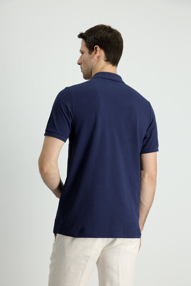 Koyu Lacivert Polo Yaka Slim Fit Dar Kesim Nakışlı Pamuk Tişört
