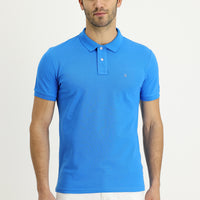 Su Mavisi Polo Yaka Slim Fit Dar Kesim Nakışlı Pamuk Tişört