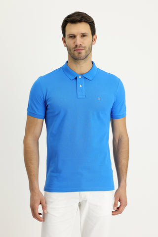  Su Mavisi Polo Yaka Slim Fit Dar Kesim Nakışlı Pamuk Tişört