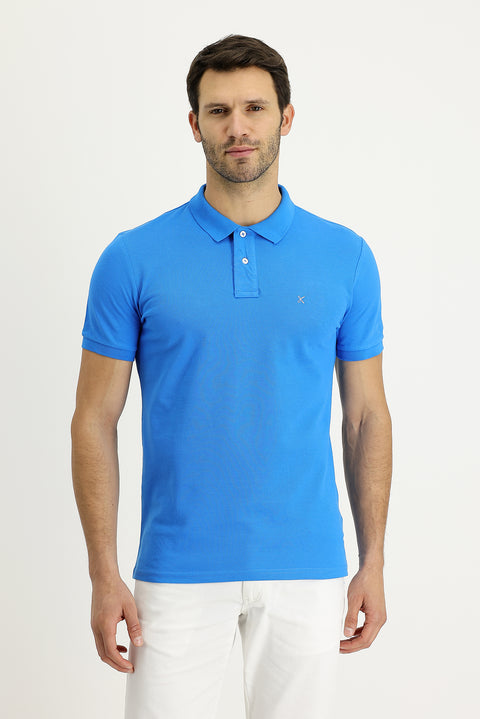 Su Mavisi Polo Yaka Slim Fit Dar Kesim Nakışlı Pamuk Tişört