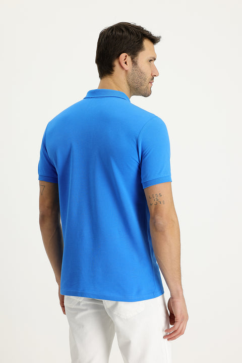 Su Mavisi Polo Yaka Slim Fit Dar Kesim Nakışlı Pamuk Tişört