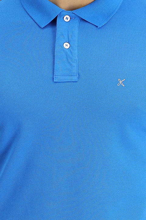 Su Mavisi Polo Yaka Slim Fit Dar Kesim Nakışlı Pamuk Tişört