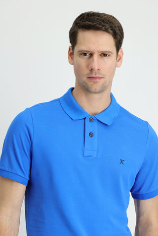  Çivit Mavisi Polo Yaka Slim Fit Dar Kesim Nakışlı Pamuk Tişört