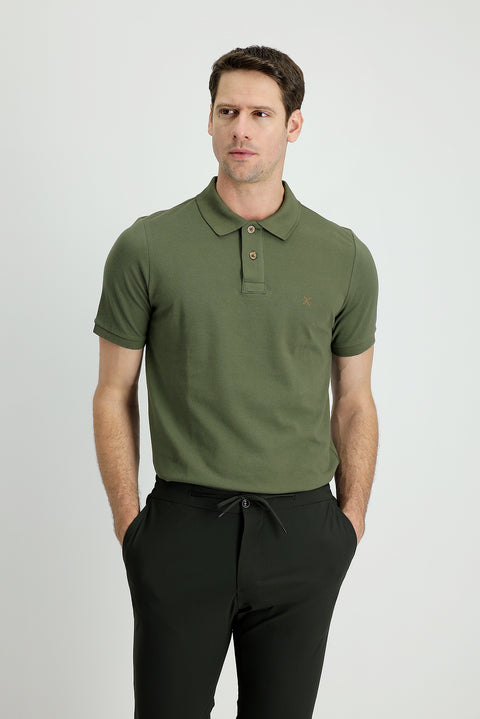 Orta Haki Polo Yaka Slim Fit Dar Kesim Nakışlı Pamuk Tişört