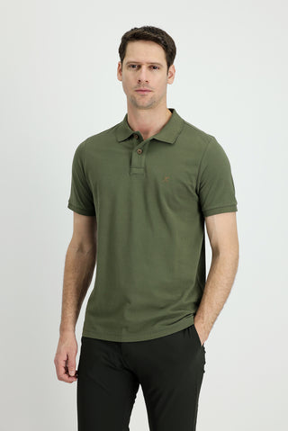  Orta Haki Polo Yaka Slim Fit Dar Kesim Nakışlı Pamuk Tişört