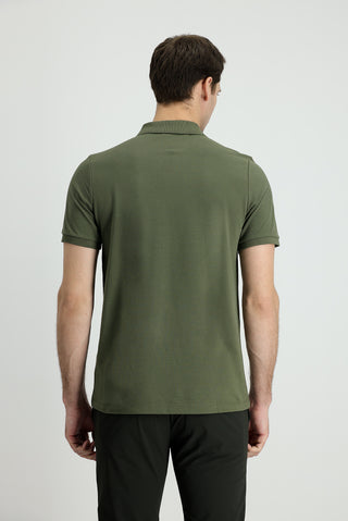  Orta Haki Polo Yaka Slim Fit Dar Kesim Nakışlı Pamuk Tişört