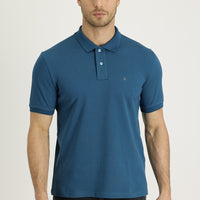 Orta Petrol Polo Yaka Slim Fit Dar Kesim Nakışlı Pamuk Tişört