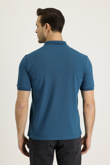 Orta Petrol Polo Yaka Slim Fit Dar Kesim Nakışlı Pamuk Tişört