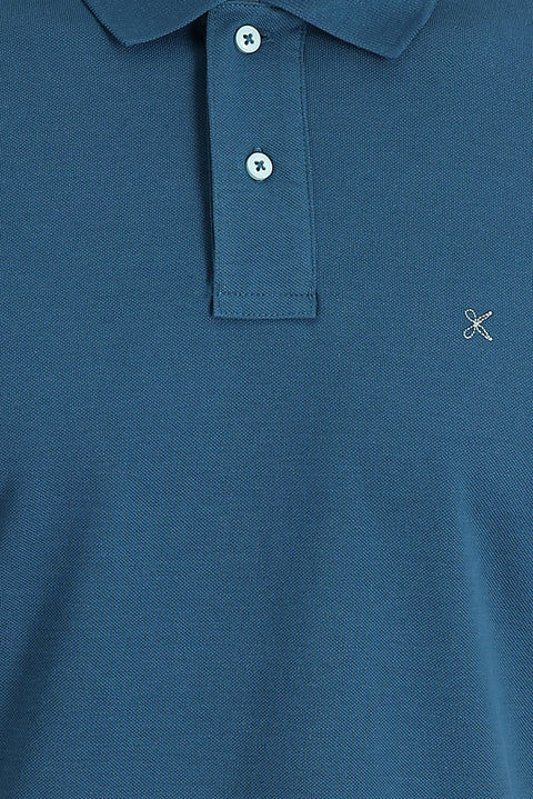 Orta Petrol Polo Yaka Slim Fit Dar Kesim Nakışlı Pamuk Tişört