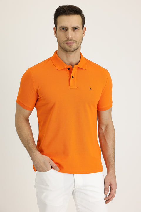 Orta Turuncu Polo Yaka Slim Fit Dar Kesim Nakışlı Pamuk Tişört