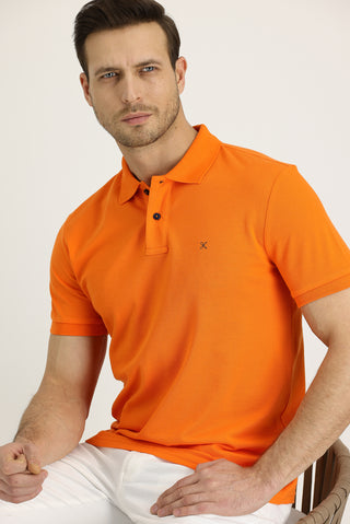  Orta Turuncu Polo Yaka Slim Fit Dar Kesim Nakışlı Pamuk Tişört