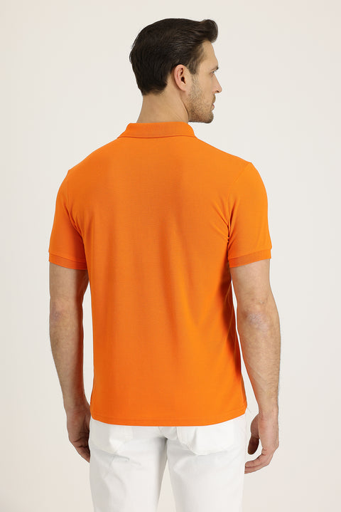 Orta Turuncu Polo Yaka Slim Fit Dar Kesim Nakışlı Pamuk Tişört