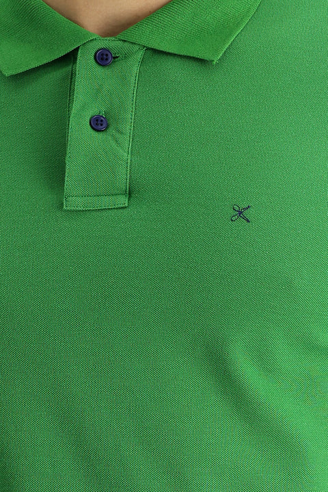 Çimen Yeşili Polo Yaka Slim Fit Dar Kesim Nakışlı Pamuk Tişört