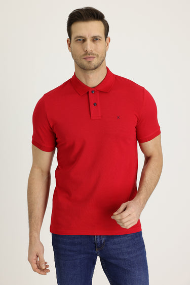 Bayrak Kırmızı Polo Yaka Slim Fit Dar Kesim Nakışlı Pamuk Tişört