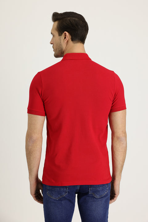 Bayrak Kırmızı Polo Yaka Slim Fit Dar Kesim Nakışlı Pamuk Tişört