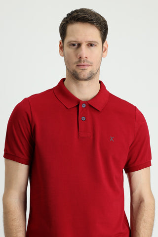  Koyu Kırmızı Polo Yaka Slim Fit Dar Kesim Nakışlı Pamuk Tişört