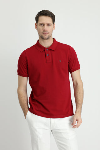  Koyu Kırmızı Polo Yaka Slim Fit Dar Kesim Nakışlı Pamuk Tişört