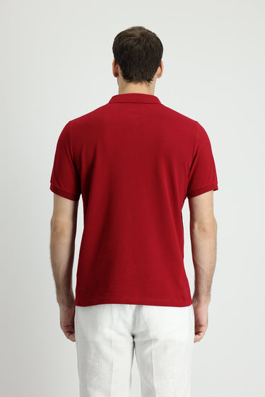 Koyu Kırmızı Polo Yaka Slim Fit Dar Kesim Nakışlı Pamuk Tişört