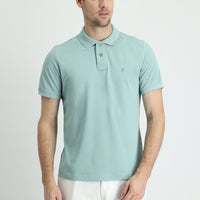 Su Yeşili Polo Yaka Slim Fit Dar Kesim Nakışlı Pamuk Tişört