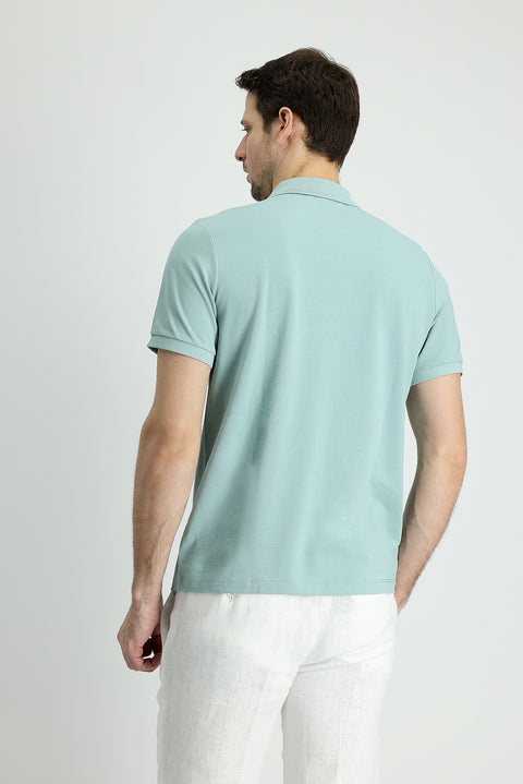 Su Yeşili Polo Yaka Slim Fit Dar Kesim Nakışlı Pamuk Tişört