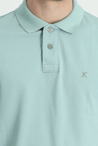  Su Yeşili Polo Yaka Slim Fit Dar Kesim Nakışlı Pamuk Tişört
