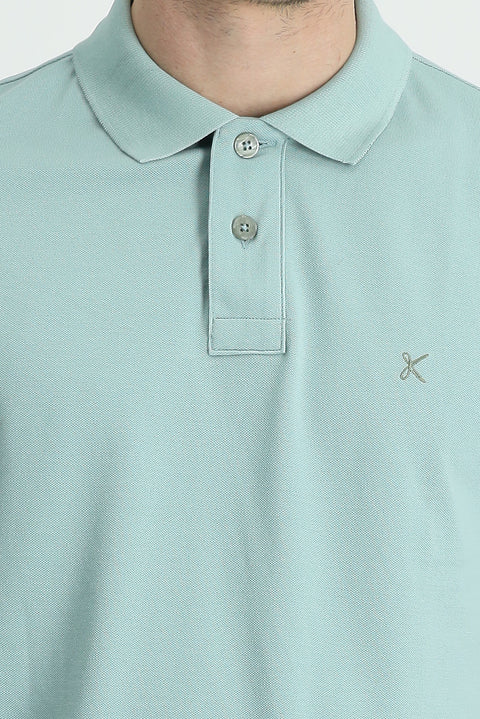 Su Yeşili Polo Yaka Slim Fit Dar Kesim Nakışlı Pamuk Tişört