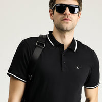 Black Polo Collar Slim Fit Soft Textured Embroidered Cotton Lycra Stretch T-Shirt