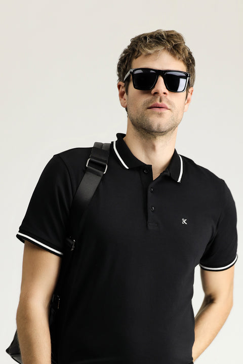 Black Polo Collar Slim Fit Soft Textured Embroidered Cotton Lycra Stretch T-Shirt