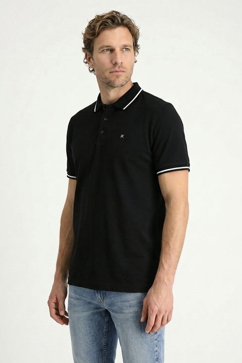 Siyah Polo Yaka Slim Fit Yumuşak Dokulu Nakışlı Pamuklu Likralı Esnek Tişört
