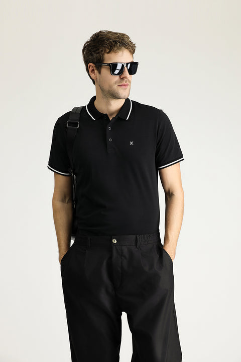 Black Polo Collar Slim Fit Soft Textured Embroidered Cotton Lycra Stretch T-Shirt