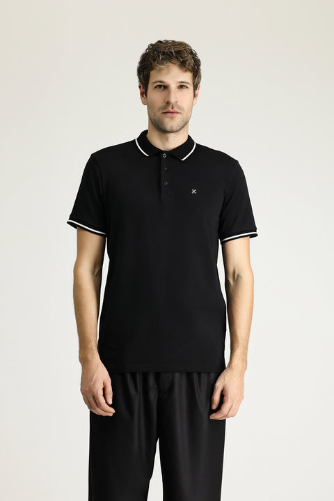 Black Polo Collar Slim Fit Soft Textured Embroidered Cotton Lycra Stretch T-Shirt