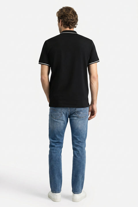 Siyah Polo Yaka Slim Fit Yumuşak Dokulu Nakışlı Pamuklu Likralı Esnek Tişört