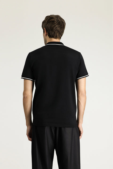 Black Polo Collar Slim Fit Soft Textured Embroidered Cotton Lycra Stretch T-Shirt