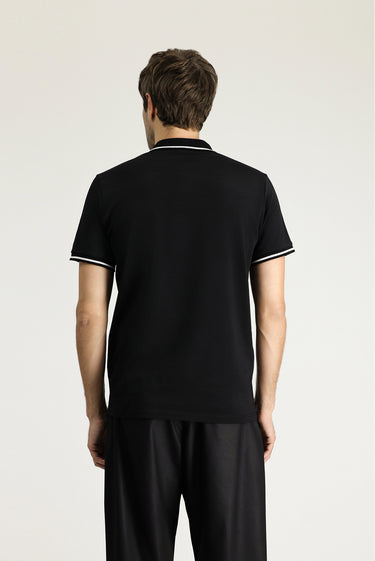 Siyah Polo Yaka Slim Fit Dar Kesim Nakışlı Süprem Pamuklu Tişört