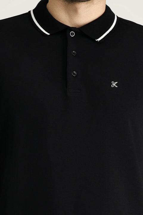 Black Polo Collar Slim Fit Soft Textured Embroidered Cotton Lycra Stretch T-Shirt