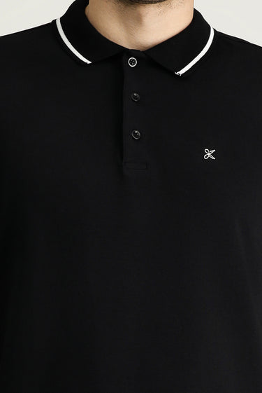 Siyah Polo Yaka Slim Fit Dar Kesim Nakışlı Süprem Pamuklu Tişört